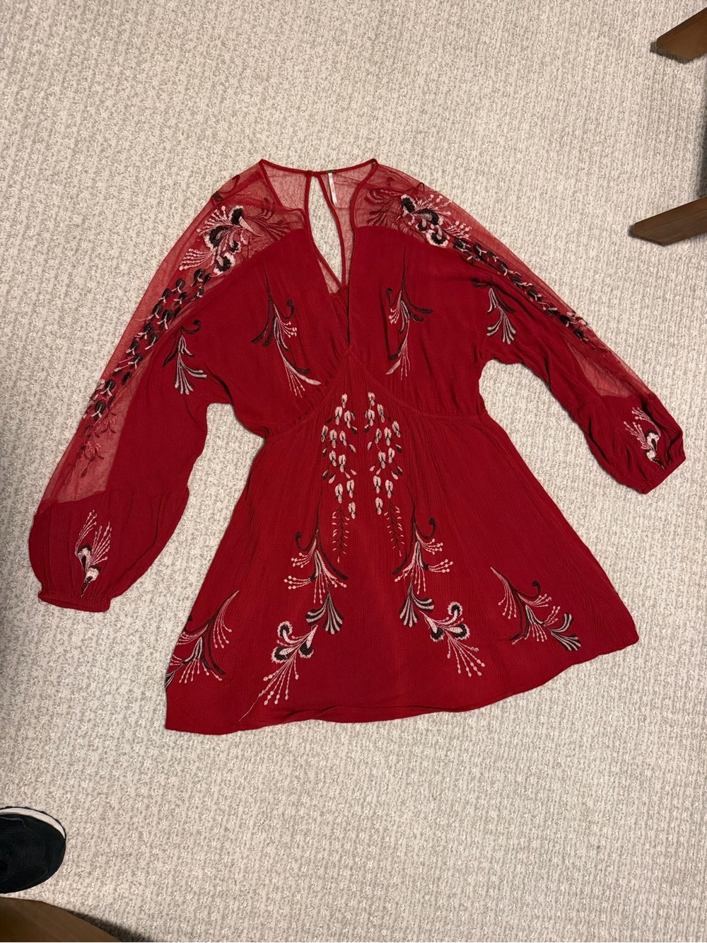 Free People Red Embroidered Long-Sleeve Dress